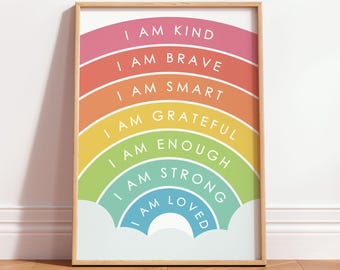 Kids Affirmation Print, Rainbow Wall Art, Self Love Poster, Positive Nursery Room Decor Gift