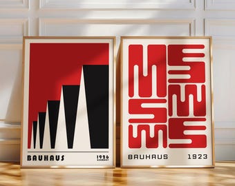 Red Bauhaus Poster Set of 2, Mid Century Modern Wall Art, Abstract Geometric Print