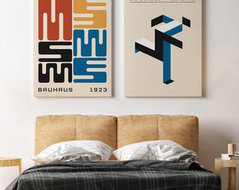 Mid Century Bauhaus Poster Set of 2, Retro Gallery Wall Art, Modern Geometric Print