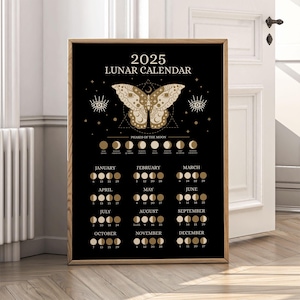 2025 Lunar Calendar Poster, Moon Phases Wall Art, Mystical Butterfly Print, Astrology Decor, Witchy Home Gift, Moon Chart Celestial Sign