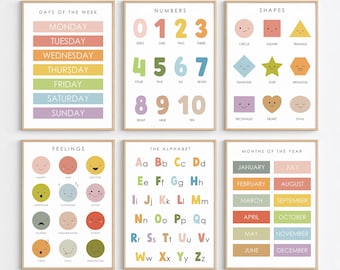 Set of 6 Educational Wall Art, Homeschool Printable, Classroom Decor, Playroom Prints, Learning Kids