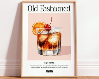 Old Fashioned Retro Art Print, Bar Cart Cocktail Poster with Recipe