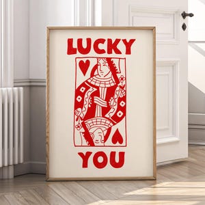 Queen of Hearts Maximalist Poster, Dopamine Wall Decor, Funky Art Print, Quirky Wall Art, Aesthetic Home Hot Pink Decor, Lucky You Wall Art