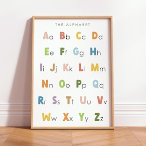 以下が含まれることがあります： 明るい木製フレームの、アルファベットのポスター。ポスターの上部には「THE ALPHABET」の文字があり、ピンク、緑、黄色など、さまざまな色のカラフルな大文字と小文字の文字が描かれています。