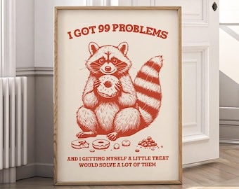 Funny Raccoon Donut Print: Retro Kitchen Coffee Bar Wall Art