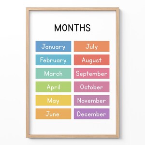 Monate des Jahres Poster, Kinder lernen Wandkunst, Montessori Klassenzimmer Druck, bunte Kinderzimmer Dekoration, Lernkarte, Homeschool Zeichen