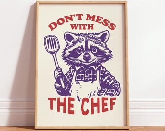 Raccoon Funny Animal Poster, Cute Trash Panda Print, Printable Retro Kitchen Art, Digital Download