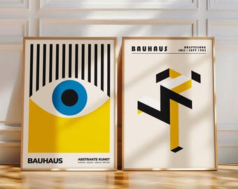 Geometric Set of 2 Prints, Yellow Bauhaus Exhibition Poster, Minimalist Mid Century Wall Art