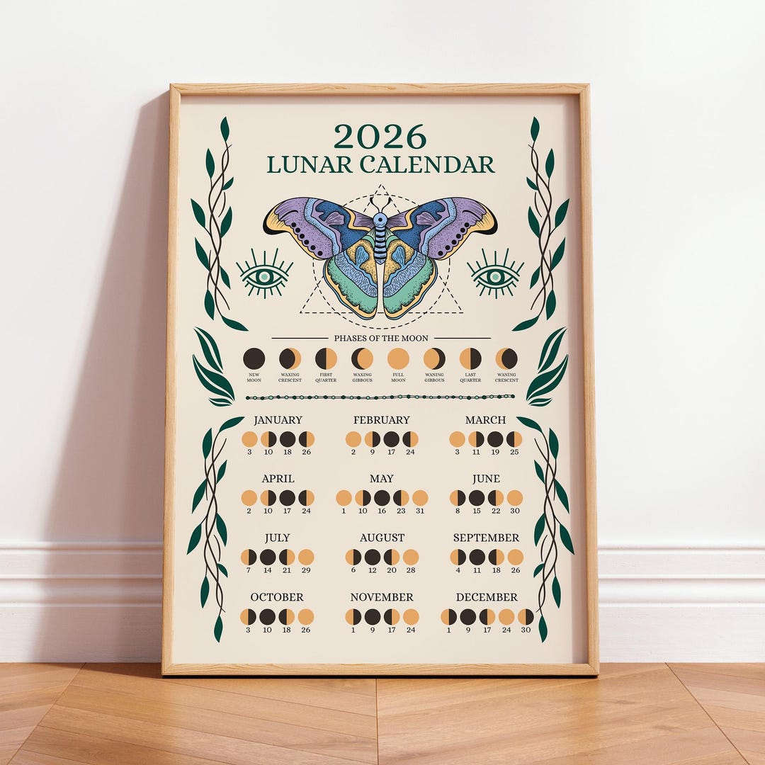 Lunar Calendar 2026 Poster, Moon Phases Printable, Mystical Astrology ...