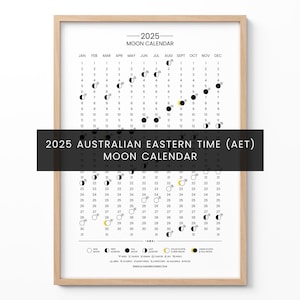 Calendrier des phases de la lune 2025 Australie, calendrier lunaire AET, affiche des phases de la lune, carte de la pleine lune, art mural astrologie, déco céleste, cadeau lune