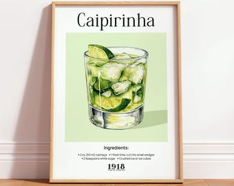 Stampa del cocktail Caipirinha, poster retrò a tema alcolico, decorazione murale vintage per bar di casa
