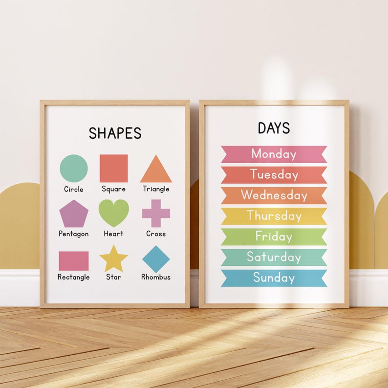 Educational Wall Art Posters Set of 12, Homeschool Learning Prints, Montessori Toddler Classroom Decor