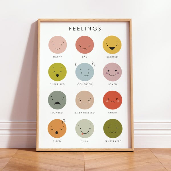 Kids Feelings Poster, Emotions Chart Print, Montessori Learning, Calming Corner Art, Classroom Wall Decor