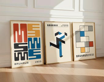 Colorful Bauhaus Prints Set of 3, Mid Century Modern Wall Art, Geometric Poster Decor