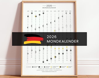 Moon Phases 2026 Digital Download, Printable Lunar Calendar for Germany, Witchy Art Print Poster