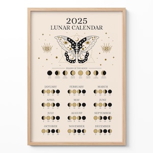 Póster del Calendario Lunar 2025, Arte mural de las fases lunares, Impresión de mariposa mística, Decoración astrológica, Regalo de bruja para el hogar, Signo celestial lunar