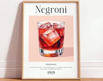 Negroni Cocktail Poster, Retro Bar Cart Art Print, Vintage Kitchen Drink Wall Decor