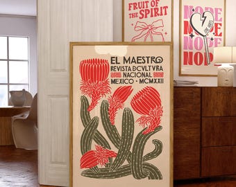 Mexican Cactus Vintage Print, Retro Floral Poster, Latin Wall Art Boho Decor