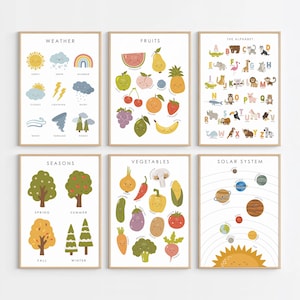 May include: Six framed educational posters with a light wood frame. The posters feature colorful illustrations of weather, fruits, the alphabet, seasons, vegetables, and the solar system. Each poster has a white background with the subject matter in the center.