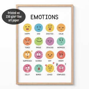 Calm Corner Emotionen Poster, Gefühlskarte Print, Homeschool Dekor, Montessori Wandkunst, buntes Kinderzimmer Dekor, emotionales Lernen für Kind