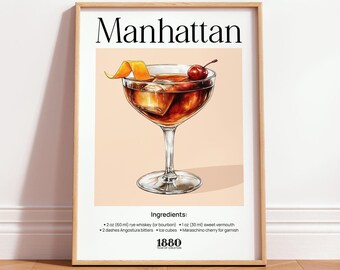 Manhattan Cocktail Print, Vintage Getränke Poster, Hausbar, Warenkorb Wandkunst