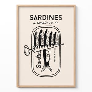 Sardinen Blechdose Küchen Poster, Retro Food Wandkunst, Vintage Fischdosen Druck, Mid Century Dekor, Funky Culinarische Kunst, Fisch Geschenk Cafe Wandschild