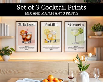 Set of 3 Vintage Cocktail Prints, Bar Cart Decor, Recipe Poster, Kitchen Wall Art