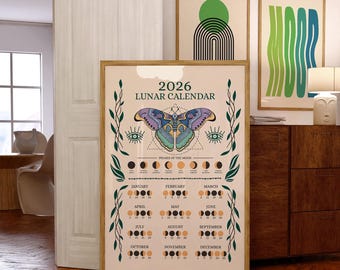 Astrology Wall Art, Lunar Calendar 2026, Moon Phases Print, Spiritual Witchy Decor Gift