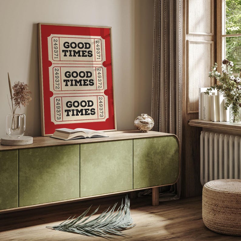 Red Good Times Ticket Poster, Trendy Wall Art Prints, Vintage Typography Retro Home Decor