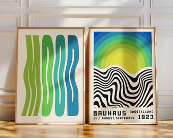Mood Print Set of 2, Modern Abstract Bauhaus Poster, Retro Green Blue Wall Art