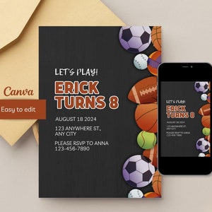Modèle d'invitation d'anniversaire sportif pour garçon, fête sur le thème du sport, invitation personnalisable et modifiable pour enfant sportif, design sombre avec ballons de sport
