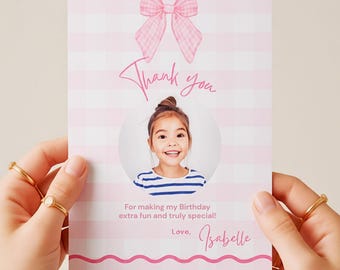 Coquette Birthday Thank You Card with Pink Bow and Gingham for Girl Party (Editable Canva Template)