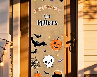 Halloween Door Banner, Family Name Cruise Door Sign, Walgreens Banner Print, Editable 2x6 Canva Template, Spooky Kraft & Purple Welcome Sign