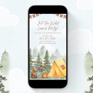 Invitation animée forêt, invitation anniversaire montagnes, camping MP4 Evite, fête dans la nature pour enfants, carte de camp d'explorateurs, extérieur, forêt