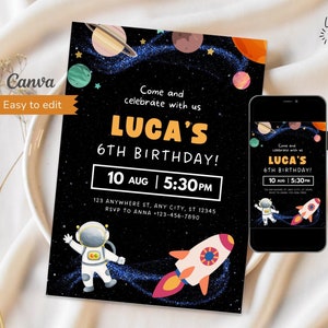 Weltraum-Geburtstagseinladungsvorlage, bearbeitbare Raumschiffeinladung, anpassbare Astronauteneinladung, Bday-Party für Jungen, dunkle Karte mit Planeten