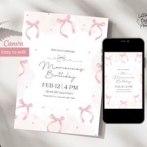 Invito di compleanno con fiocchi, invito rosa Coquette, compleanno femminile, modello modificabile, biglietto da festa estetica Coquette Girly Card 5x7