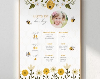 Bee Day Milestones Poster | Editable Honey 1st Birthday Sign, My First Year Poster, Bumblebee One Decor – Canva Template (2 Options)