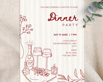 Dinner Party Hand Drawn Invite | Modern Whimsical Friends Gathering Invitation | Minimalist Stylish Printable (Editable Canva Template)
