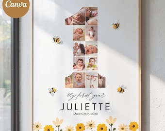 First Birthday Photo Collage Poster with Bees and Flowers | Editable Honey 1st Birthday Sign, Bumblebee One Nursery Decor (Canva Template)
