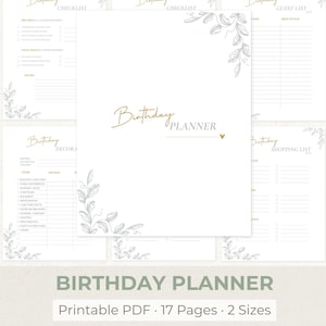 以下が含まれることがあります： 2つのサイズで17ページの印刷可能な誕生日プランナー。プランナーには、チェックリスト、ゲストリスト、買い物リスト、メニューページが含まれています。ページはシンプルな花のデザインで飾られています。