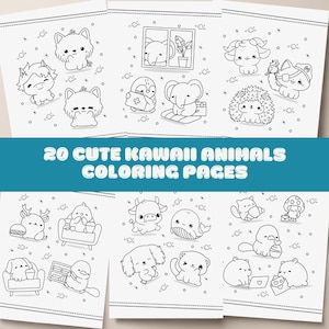 Set of 20 cute kawaii animal coloring pages, printable sheets with adorable baby animals and Japanese pastel designs for kids.
