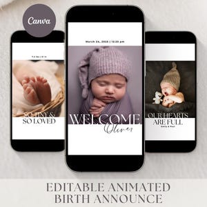 Editable Animated Birth Announcement, Minimalist Elegant Digital Template, Custom Photo Baby Arrival Announce, Birth Hospital Video Newborn
