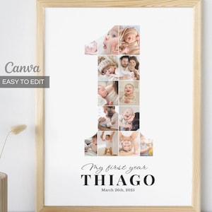 Póster de collage de fotos editable para el primer año, fotos personalizables para el primer cumpleaños, arte mural para el primer año, decoración infantil, regalo para el primer año.