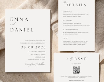 Conjunto de invitaciones de boda minimalistas con código QR, conjunto de invitaciones editable en Canva, paquete de invitaciones modernas con tarjeta de confirmación de asistencia y detalles, papelería imprimible.