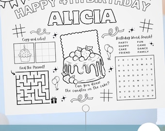 May include: A black and white birthday placemat with the text "HAPPY 4TH BIRTHDAY ALICIA". The placemat includes a cake illustration, a maze, a word search, and the text "Copy and color!" and "Can you draw the candles on the cake?"