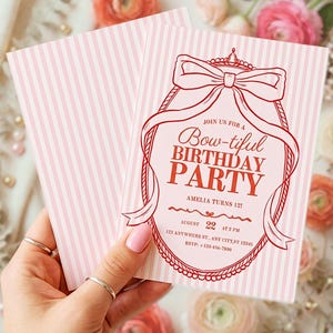 Bowtiful Birthday Invitation · Coquette Bow Birthday Invite · Pink Ribbon Party · Any Age Girly Bday · Soft Preppy Editable Canva Template