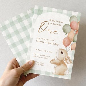 May include: A watercolor birthday invitation with a bunny holding balloons. The invitation reads "Some-bunny is turning One" and includes event details. The background features a green and white gingham pattern.