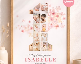 First Year Photo Collage Poster Editable | Number One for Baby Girls 1st Birthday | Floral Nursery Decor | One Year Old Gift, Canva Template