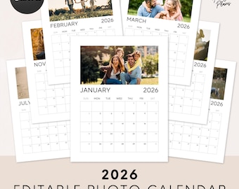 Editable 2026 Photo Calendar Template | Minimalist Printable Wall Planner, 12 Months with Custom Pictures (PDF Download)