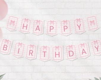 Coquette Birthday Banner with Bow · Soft Pink Gingham Garland for Girly Party Decor (Editable Canva Template)